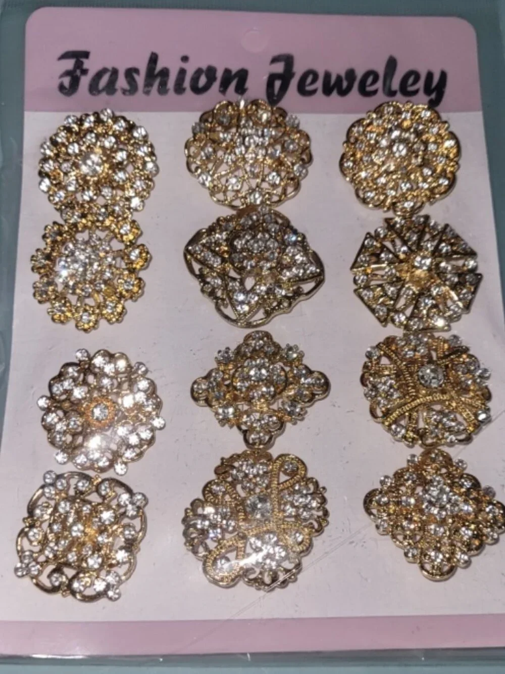 12pc Small Size Rhinestone Crystal Flower Brooches Pins Set